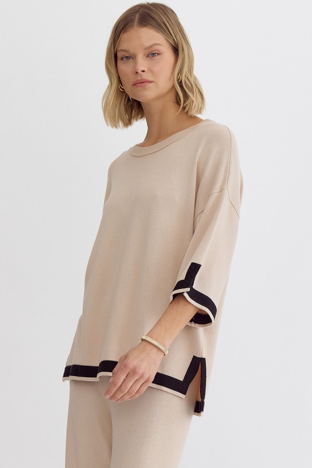 Hampton Contrast Knit 3/4 Sleeve Top - Natural, Black