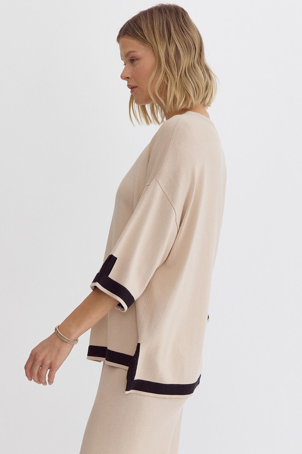 Hampton Contrast Knit 3/4 Sleeve Top - Natural, Black