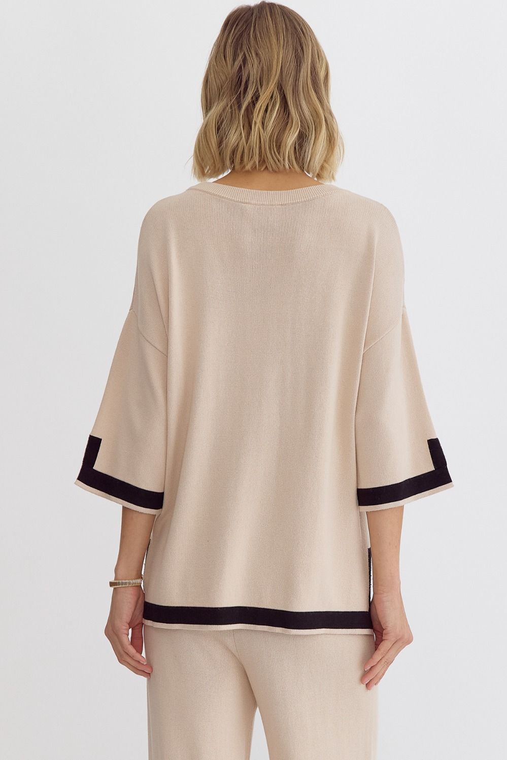 Hampton Contrast Knit 3/4 Sleeve Top - Natural, Black