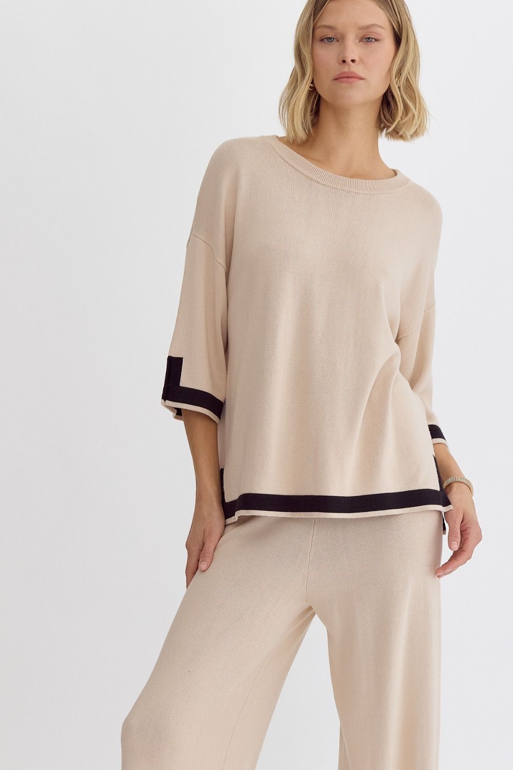 Hampton Contrast Knit 3/4 Sleeve Top - Natural, Black