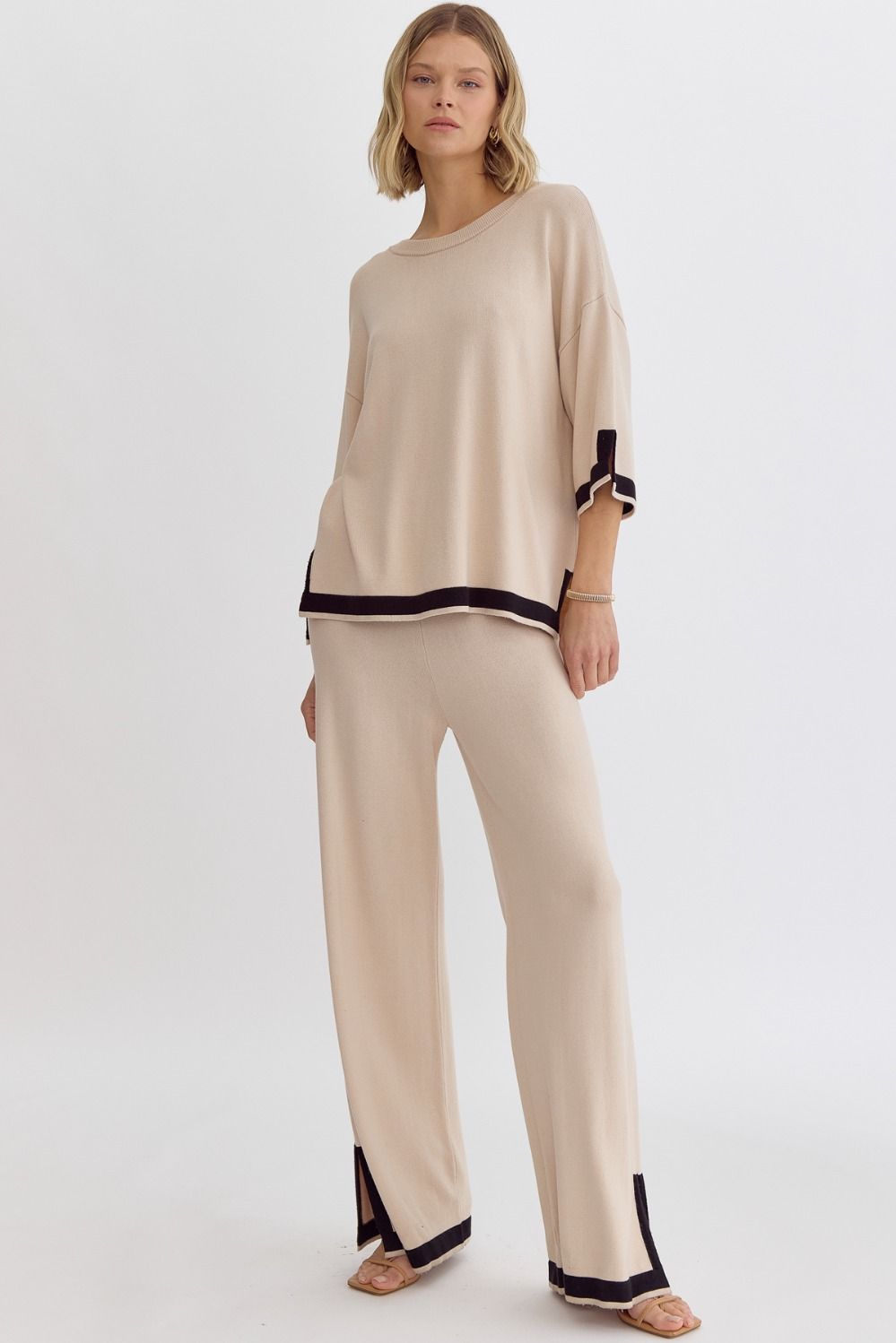 Hampton Contrast Knit 3/4 Sleeve Top - Natural, Black