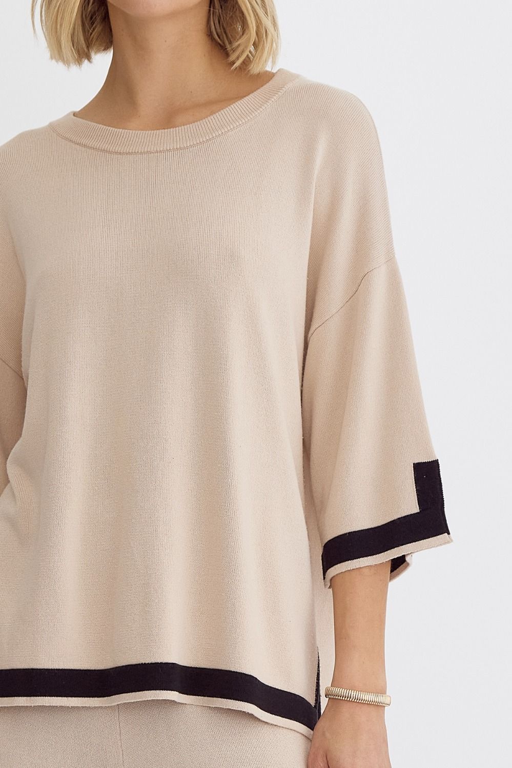 Hampton Contrast Knit 3/4 Sleeve Top - Natural, Black