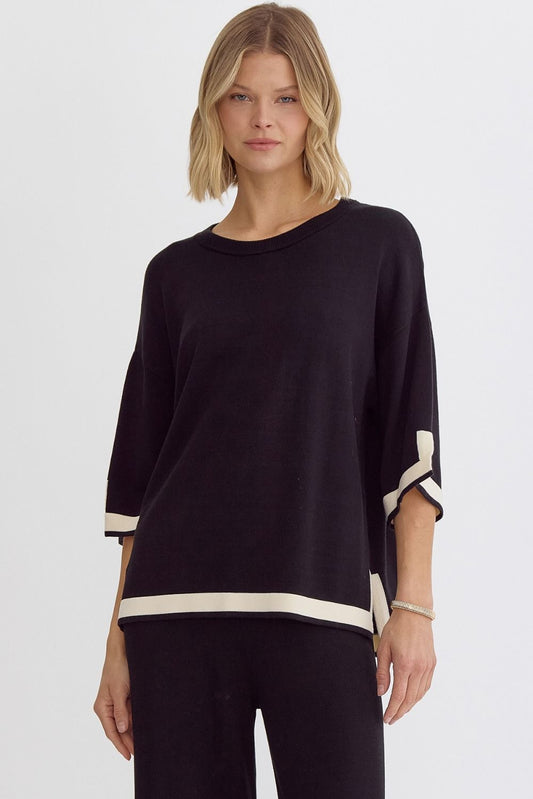 Hampton Contrast Knit 3/4 Sleeve Top - Black, Natural