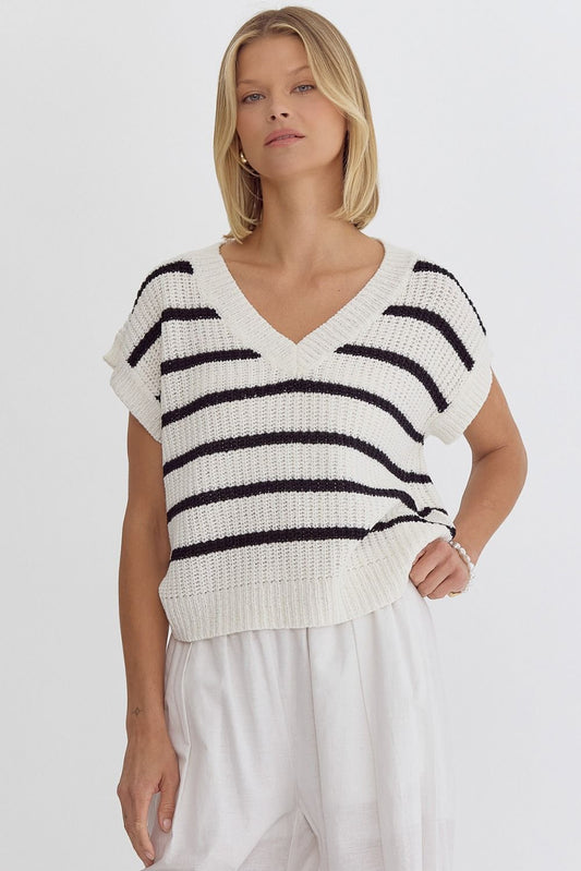 Abigail Striped Knit Short Sleeve V-Neck Top- White Black