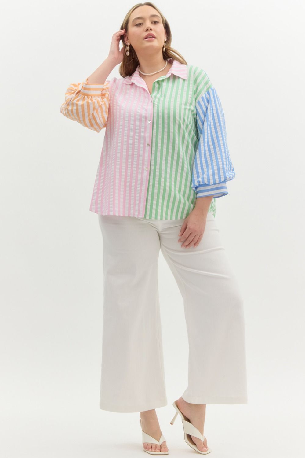 Curve Colorblock Stripe Classic Collared 3/4 Sleeve Button Up - Pink Combo