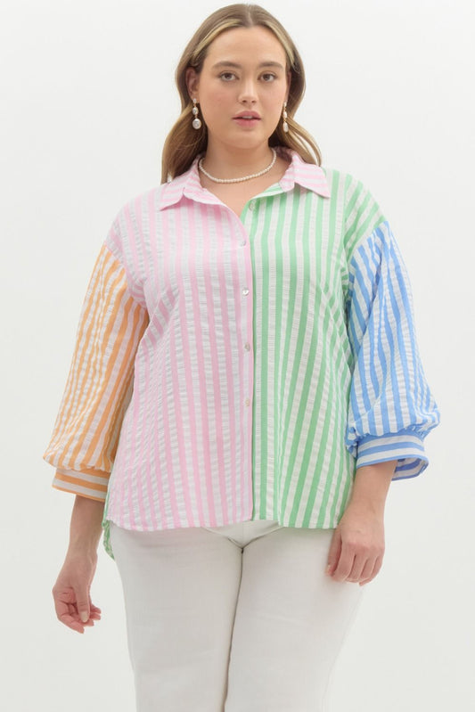 Curve Colorblock Stripe Classic Collared 3/4 Sleeve Button Up - Pink Combo