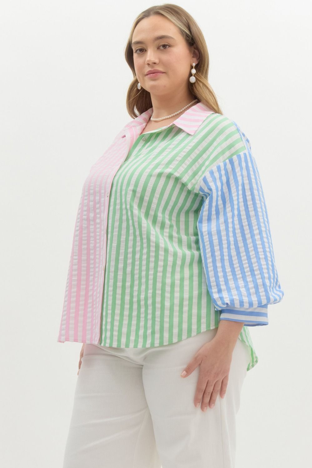 Curve Colorblock Stripe Classic Collared 3/4 Sleeve Button Up - Pink Combo