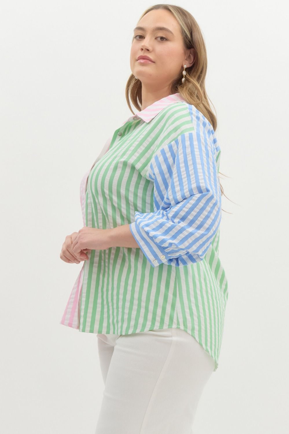 Curve Colorblock Stripe Classic Collared 3/4 Sleeve Button Up - Pink Combo