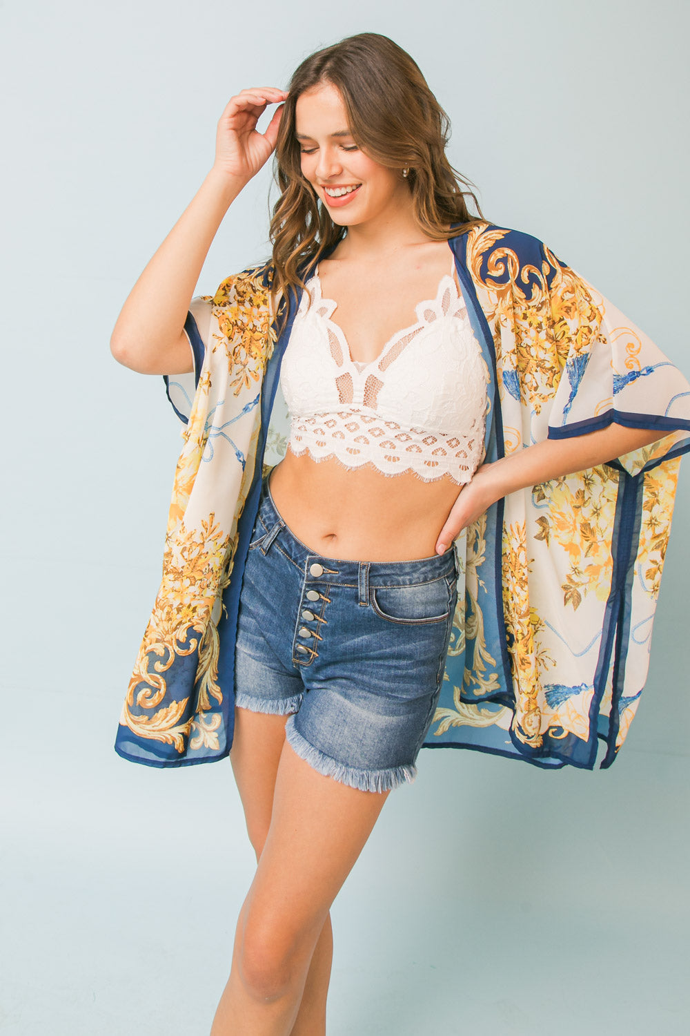 Elizabeth Scarf Print Woven Cover Up Kimono - Blue Multi