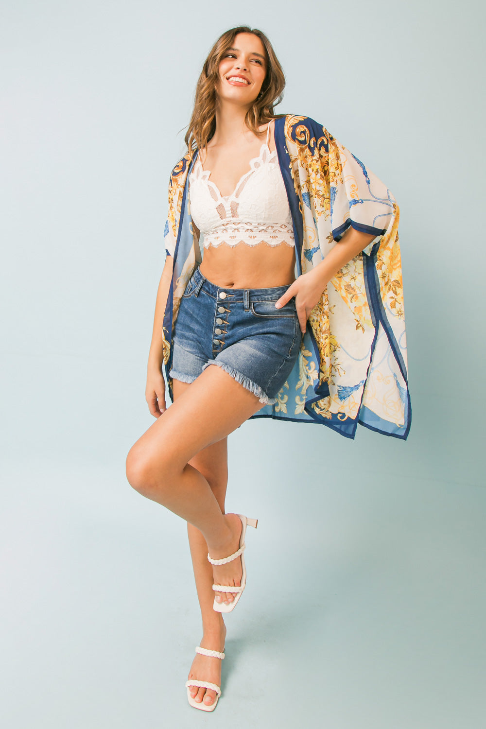 Elizabeth Scarf Print Woven Cover Up Kimono - Blue Multi