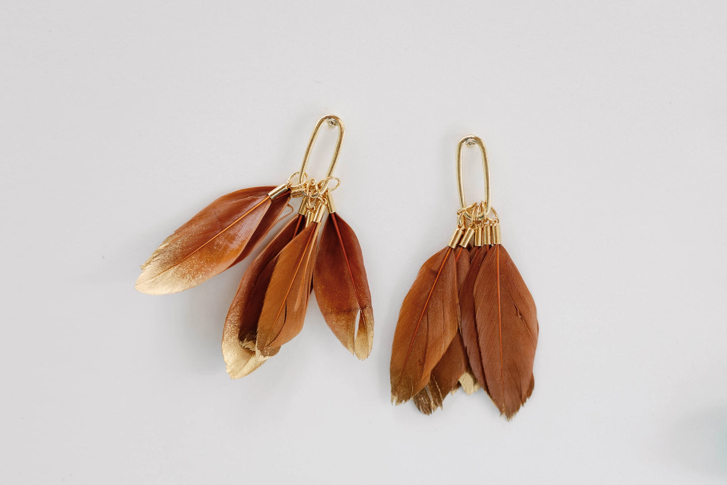 Caramel Gold Dipped Feather Statement Earrings