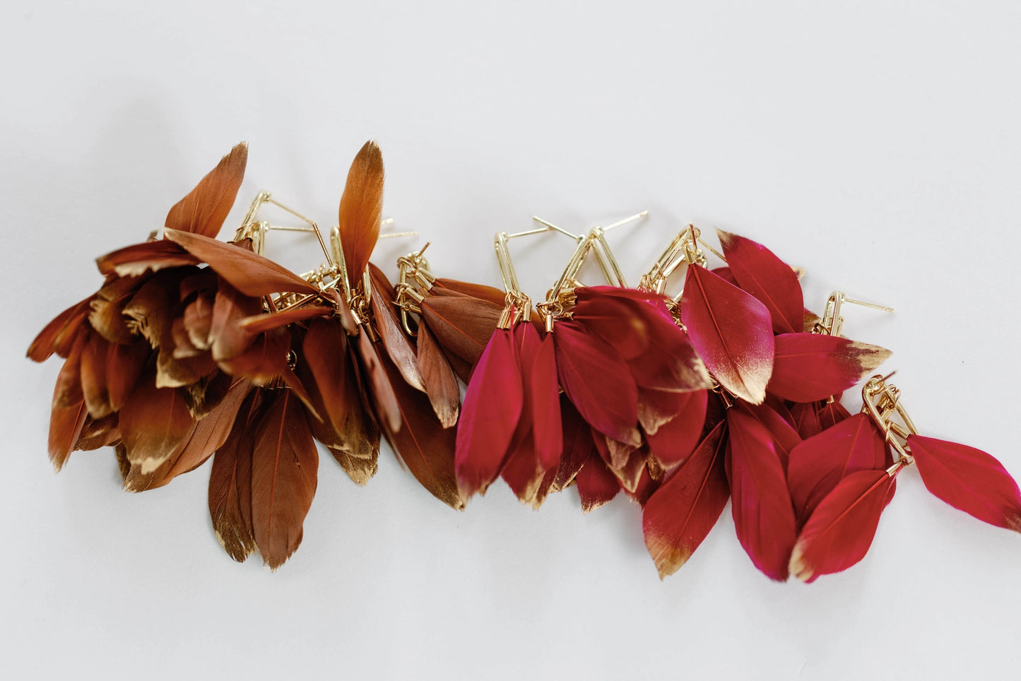 Caramel Gold Dipped Feather Statement Earrings