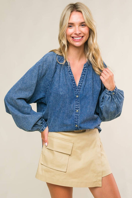 Gia Long Sleeve Button Down V-Neck Denim Blouse - Denim