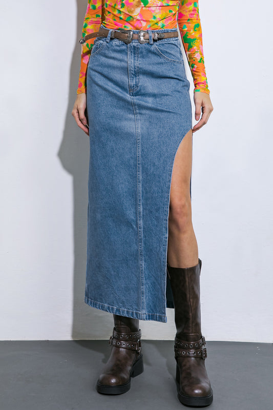 Michelle High Waisted Side Slit Denim Midi Skirt - Denim Blue