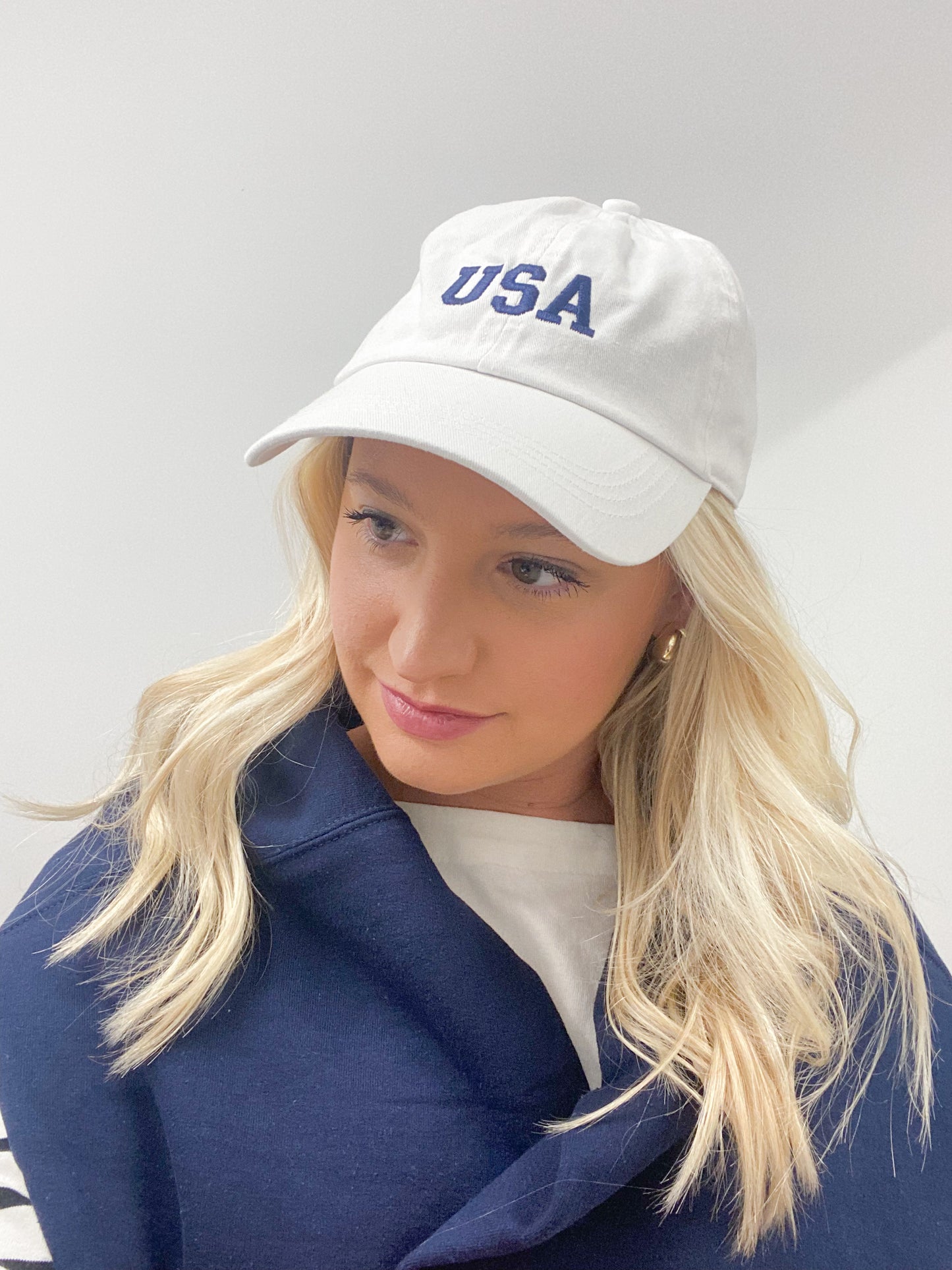 USA Embroidered Ball Cap Hat - White, Navy