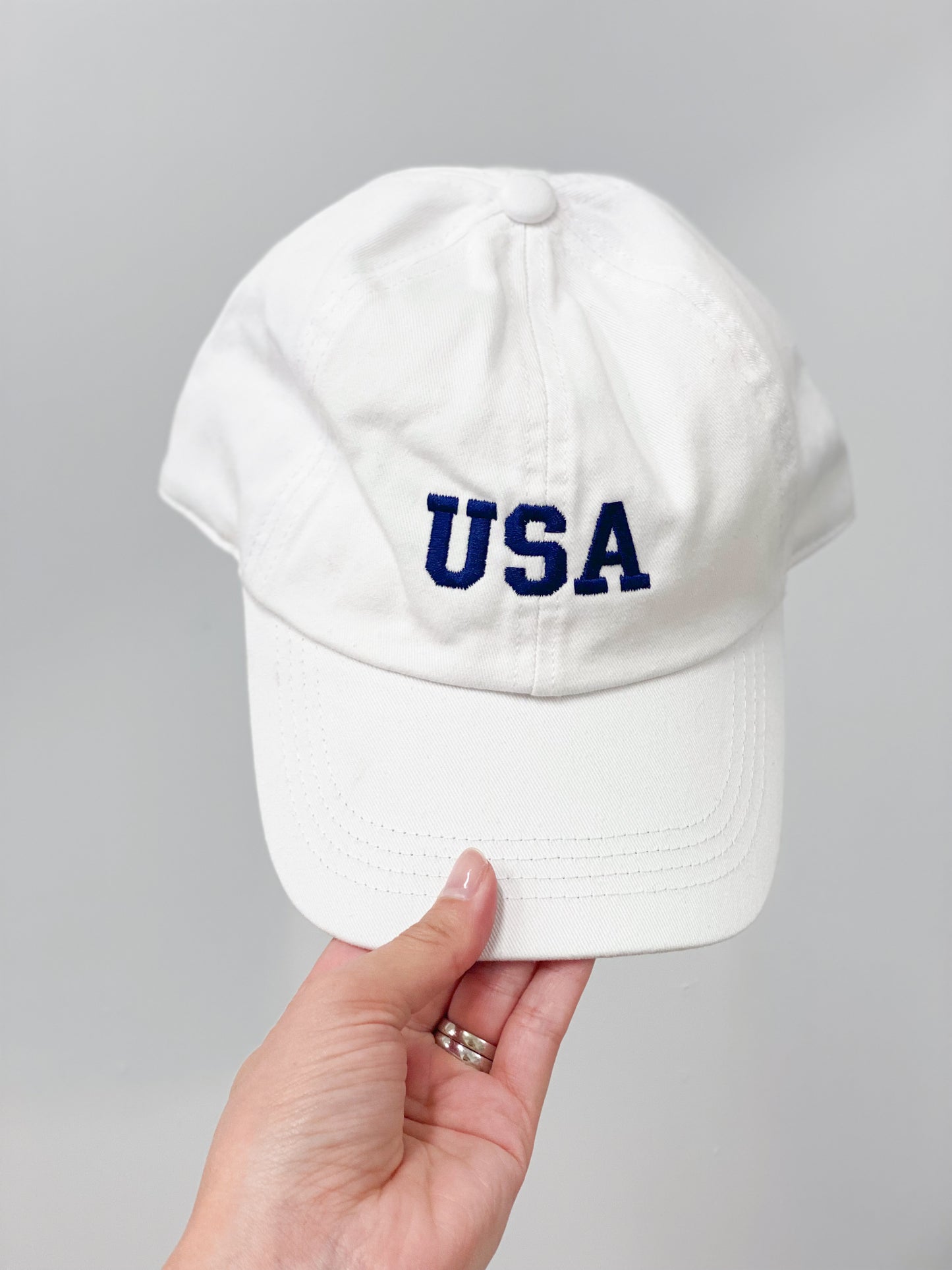 USA Embroidered Ball Cap Hat - White, Navy