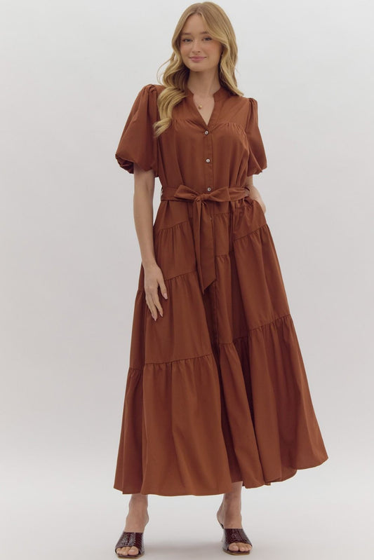 Hazel Puff Sleeve Button Front Tie Belt Midi Dress - Camel