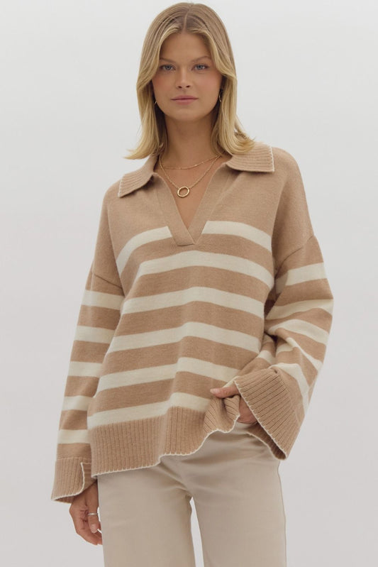 Layla Collared Stripe Long Sleeve V-Neck Contrast Trim Knit Sweater - Taupe