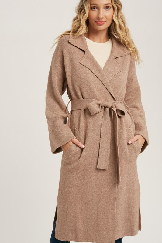 Leah Long Sleeve Heavy Knit Trench Coat - Latte