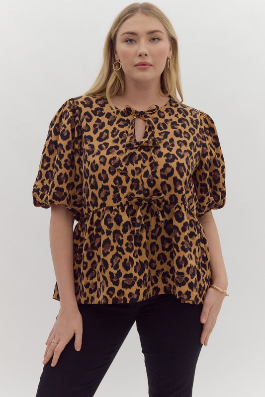 Leopard Curve Bow Front Bubble Sleeve Peplum Blouse - Leopard