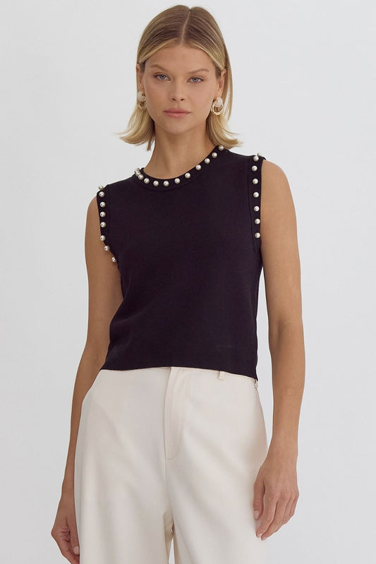 Paige Pearl Trimmed Solid Sleeveless Knit - Black