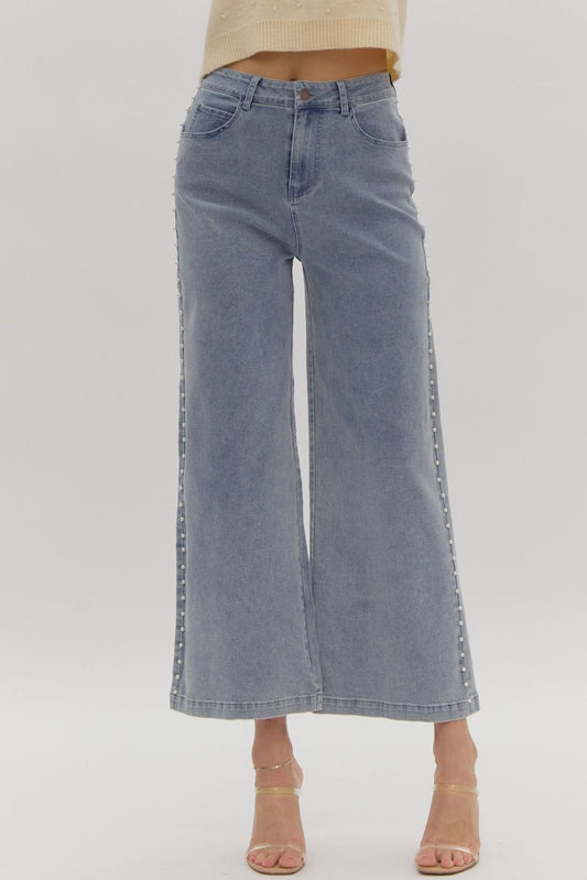 Pearl Studded High Waisted Wide Leg Stretch Denim - Light Denim