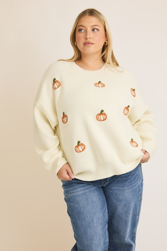 Pumpkin Curve Embroidered Long Sleeve Sweater Pullover - Cream Multi