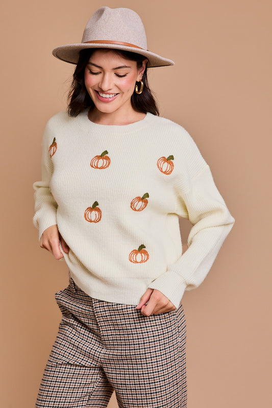 Pumpkin Embroidered Long Sleeve Sweater Pullover - Cream Multi