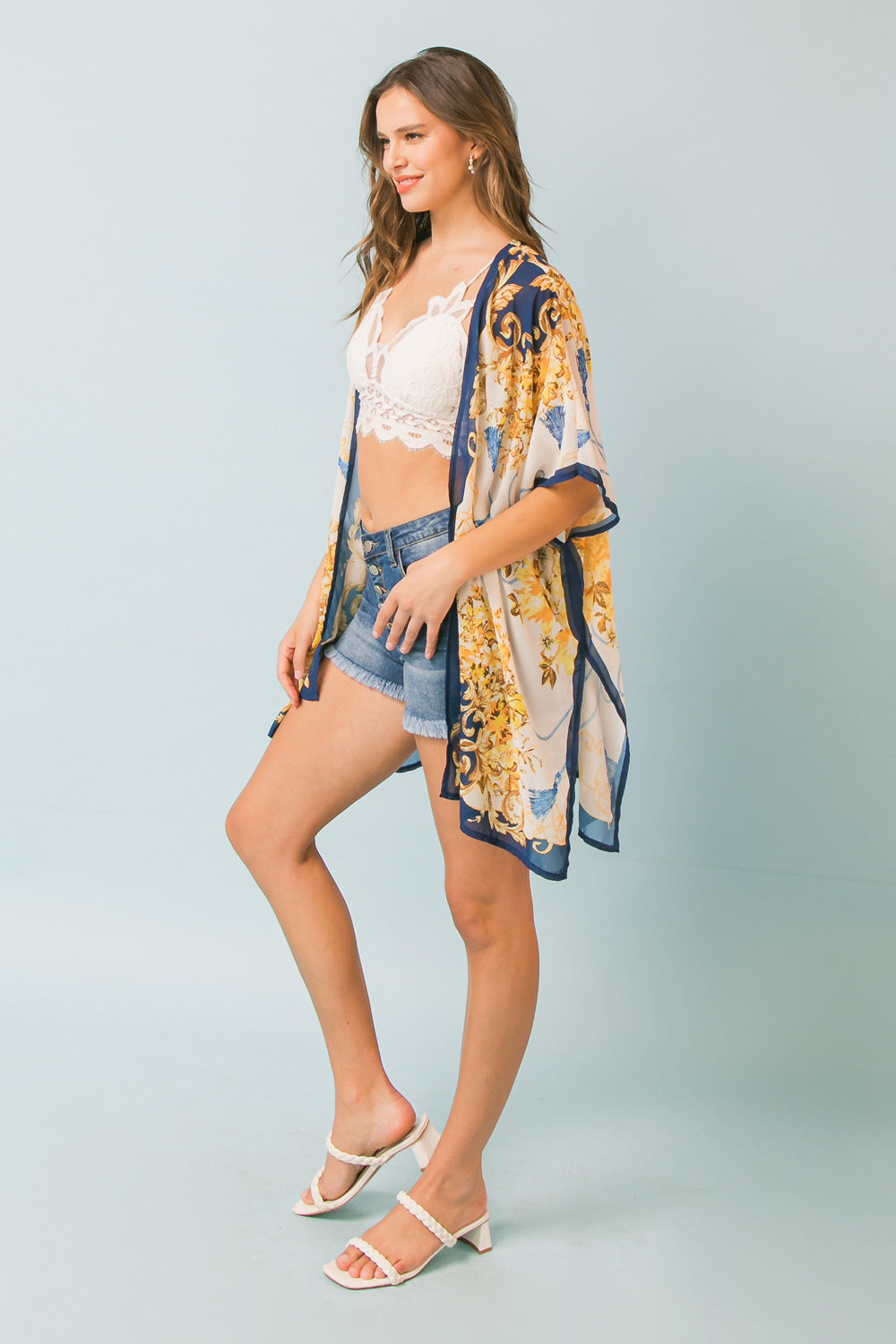 Elizabeth Scarf Print Woven Cover Up Kimono - Blue Multi