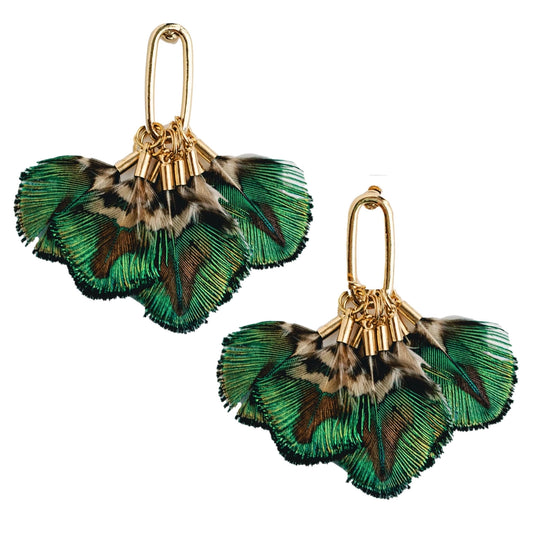 Mallard Feather Tassel Statement Earrings - Green Multi