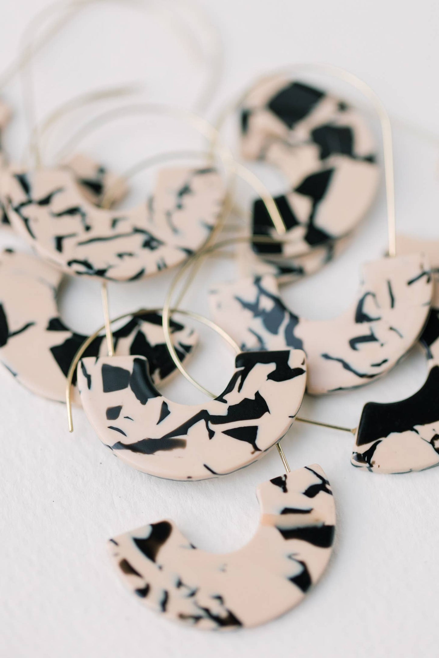 Threader Statement Earrings - Black and White Marble