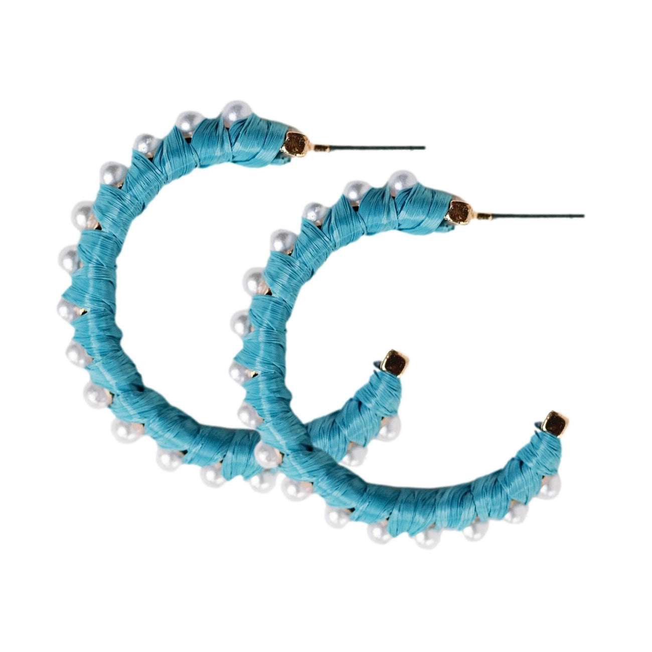 Studded Pearl Raffia Statement Hoop Earrings - Cornflower Blue