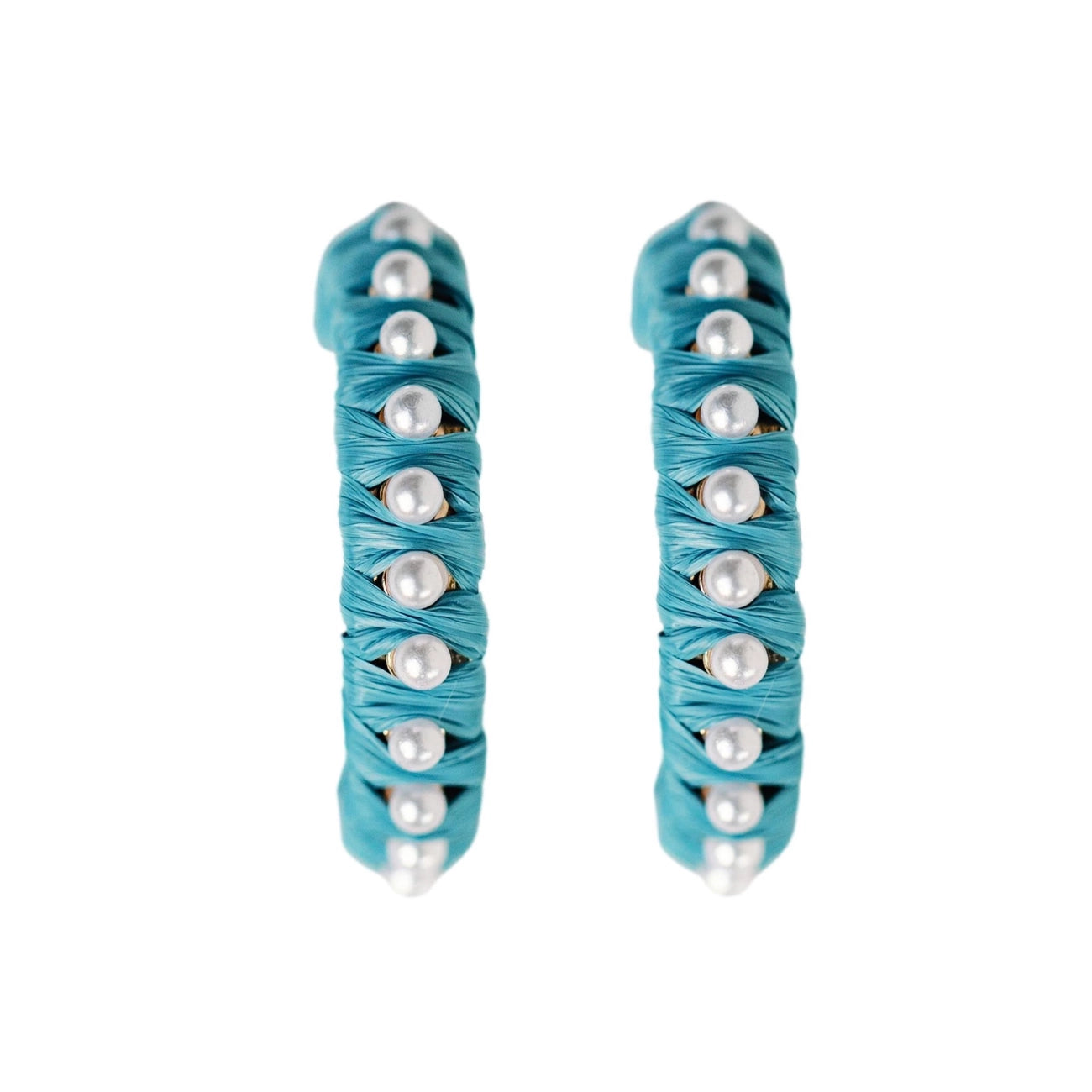 Studded Pearl Raffia Statement Hoop Earrings - Cornflower Blue