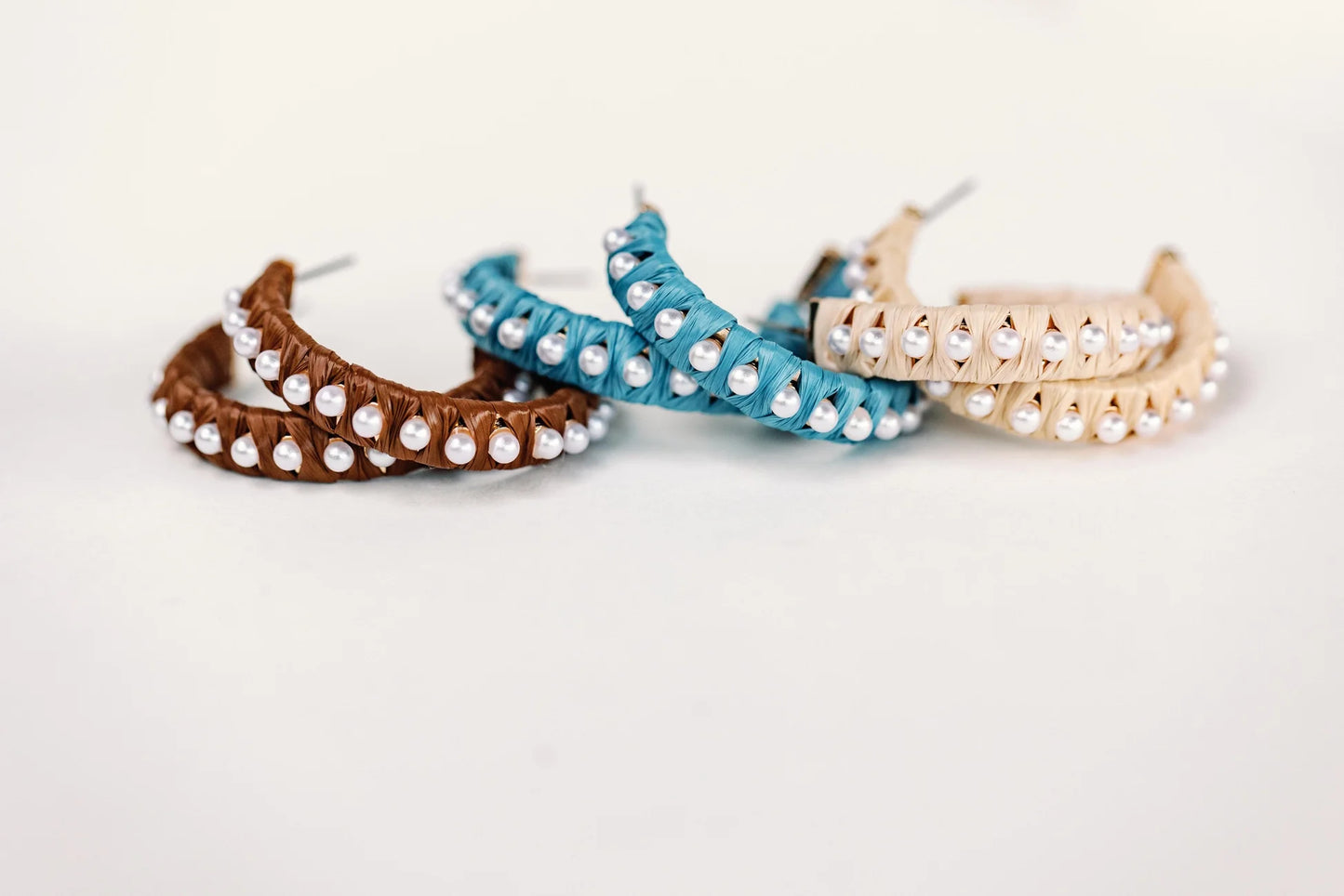 Studded Pearl Raffia Statement Hoop Earrings - Cornflower Blue