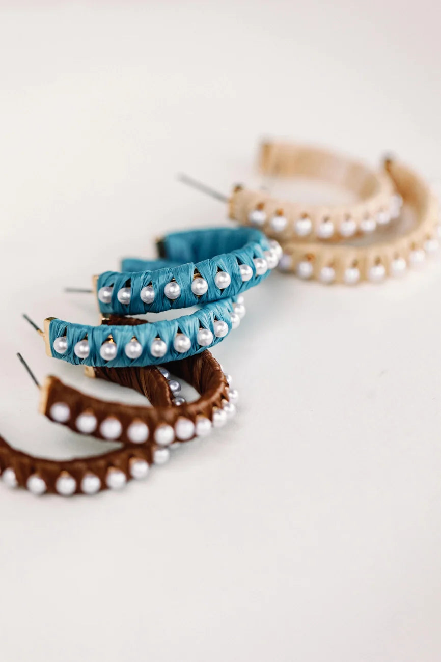 Studded Pearl Raffia Statement Hoop Earrings - Cornflower Blue