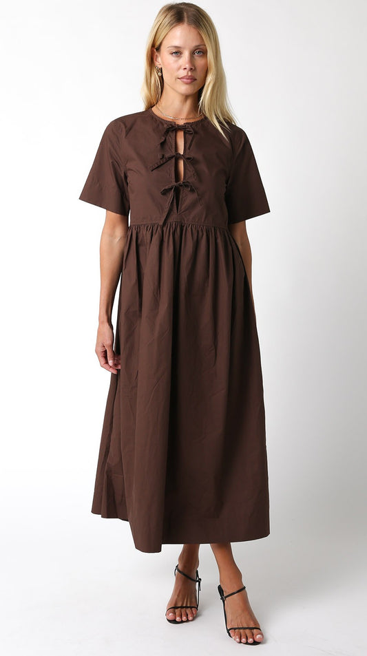 Stella Bow Front Relaxed Fit Midi Dress - Chocolate Brown