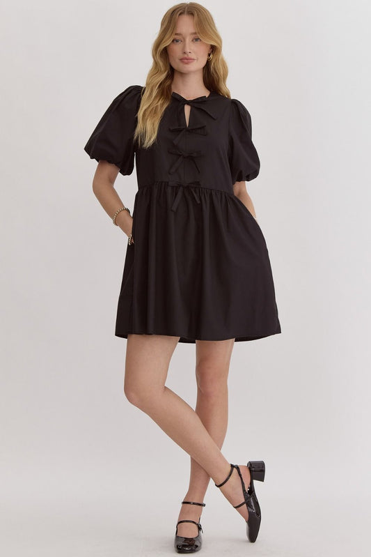 Bow Front Bubble Sleeve Mini Dress - Black