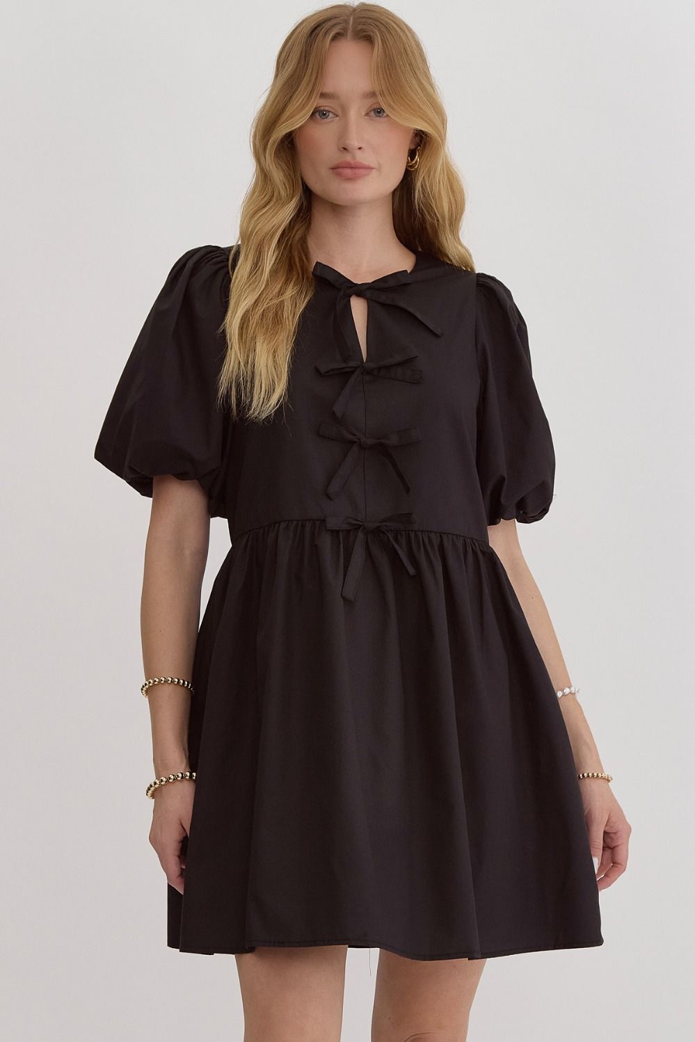 Bow Front Bubble Sleeve Mini Dress - Black