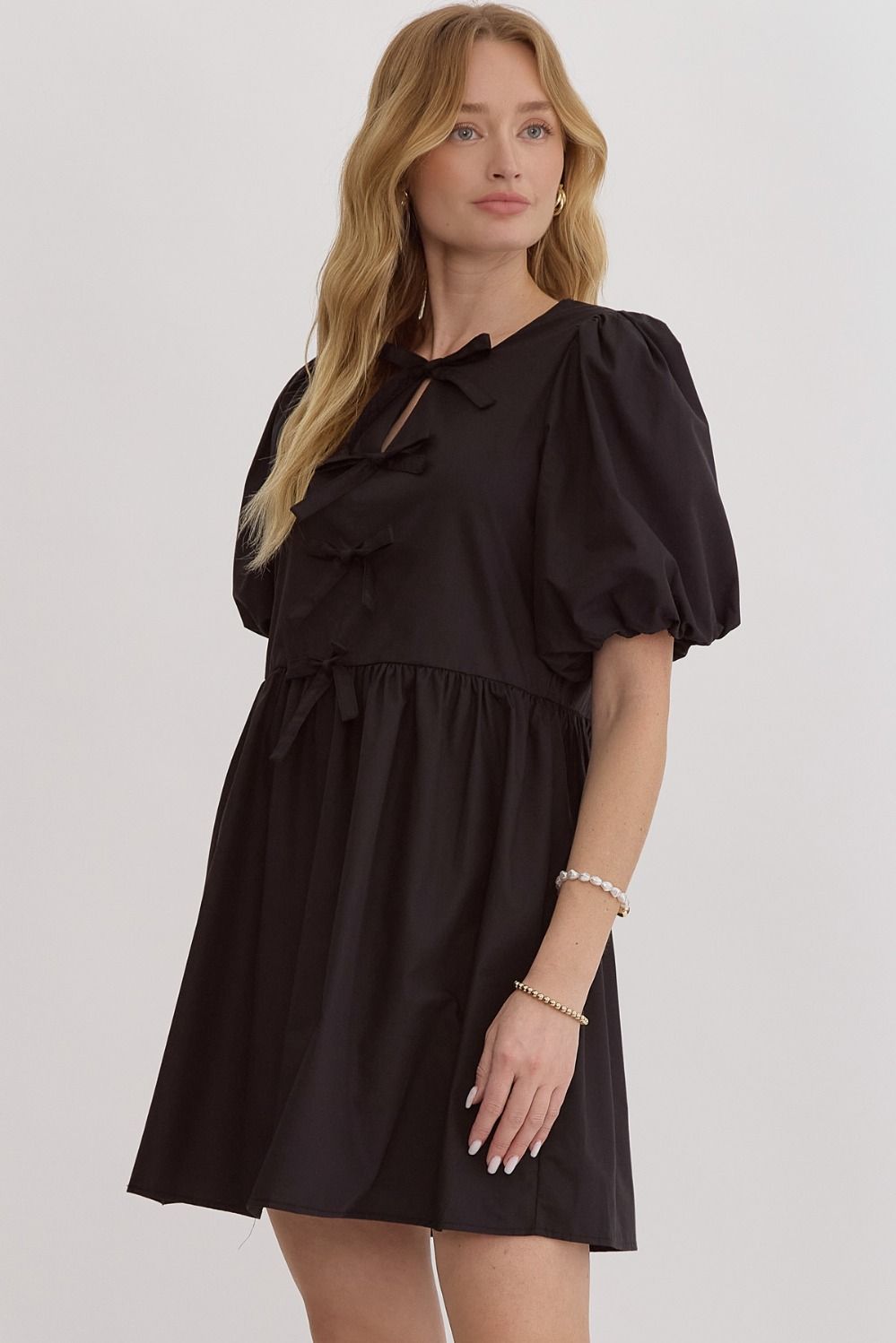 Bow Front Bubble Sleeve Mini Dress - Black