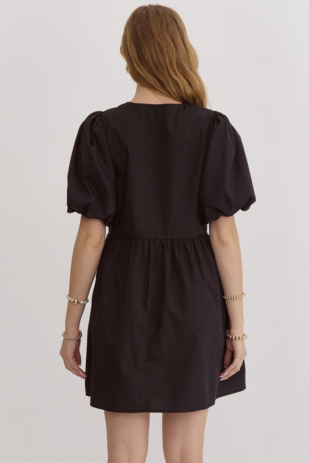 Bow Front Bubble Sleeve Mini Dress - Black