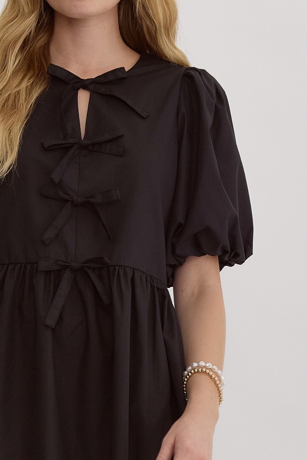 Bow Front Bubble Sleeve Mini Dress - Black