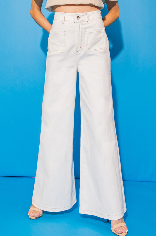 Keaton High Waisted Stretch Twill Wide Leg Pant - White