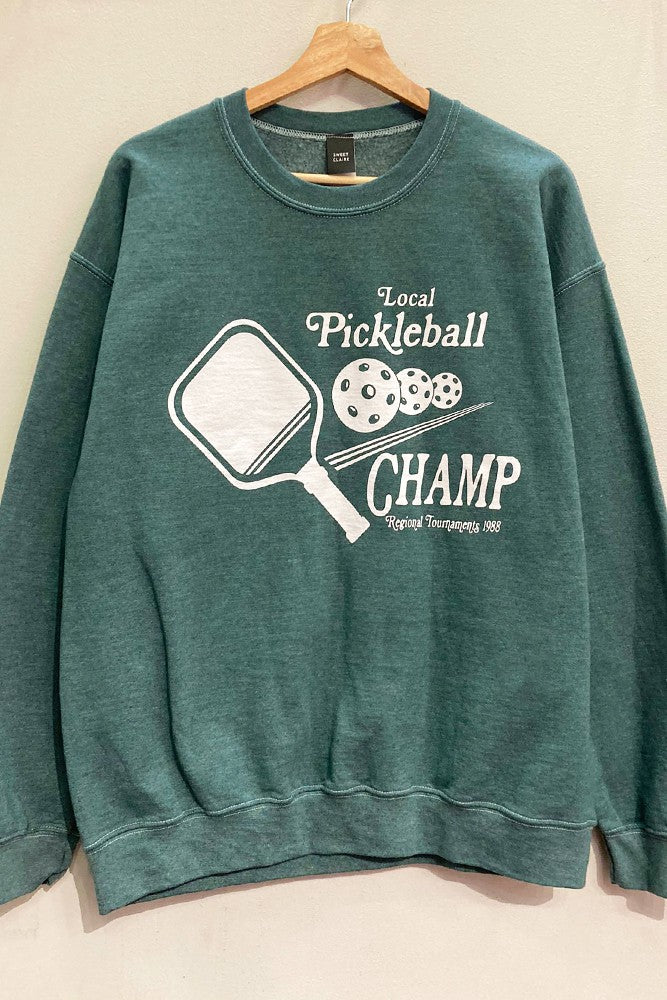 Pickleball Champ Oversized Long Sleeve Crewneck Sweatshirt - Forest Green