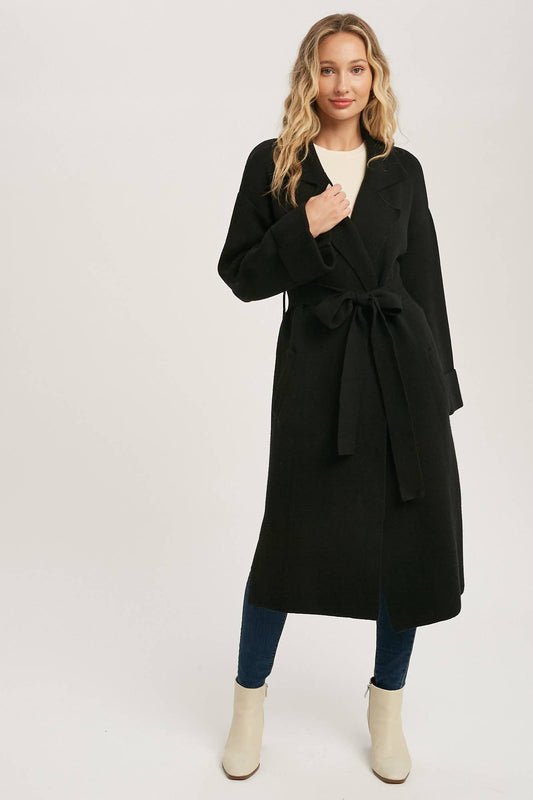 Leah Long Sleeve Heavy Knit Trench Coat - Black