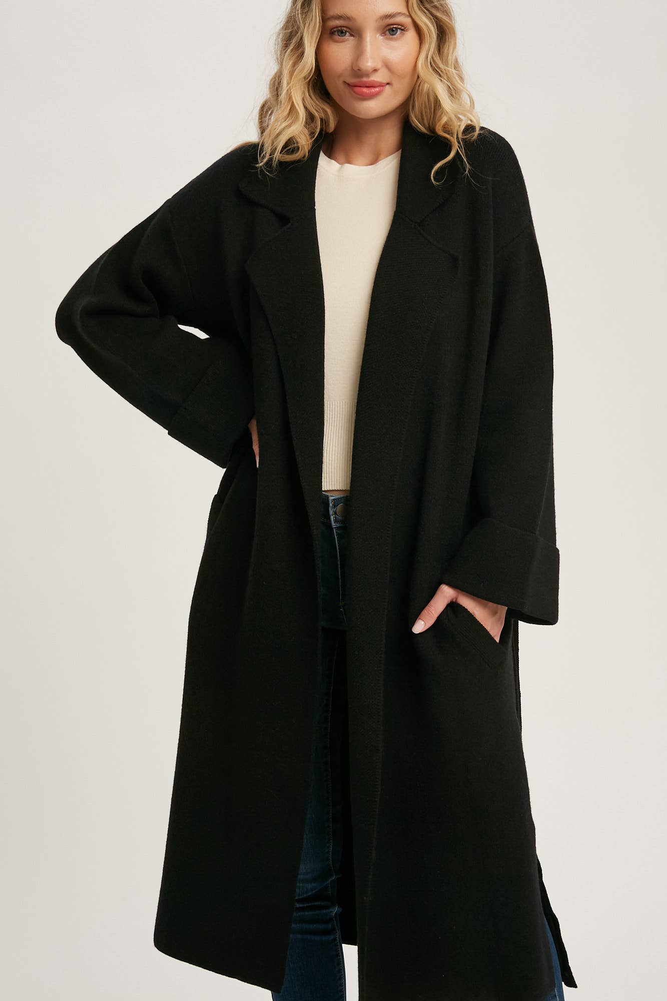 Leah Long Sleeve Heavy Knit Trench Coat - Black