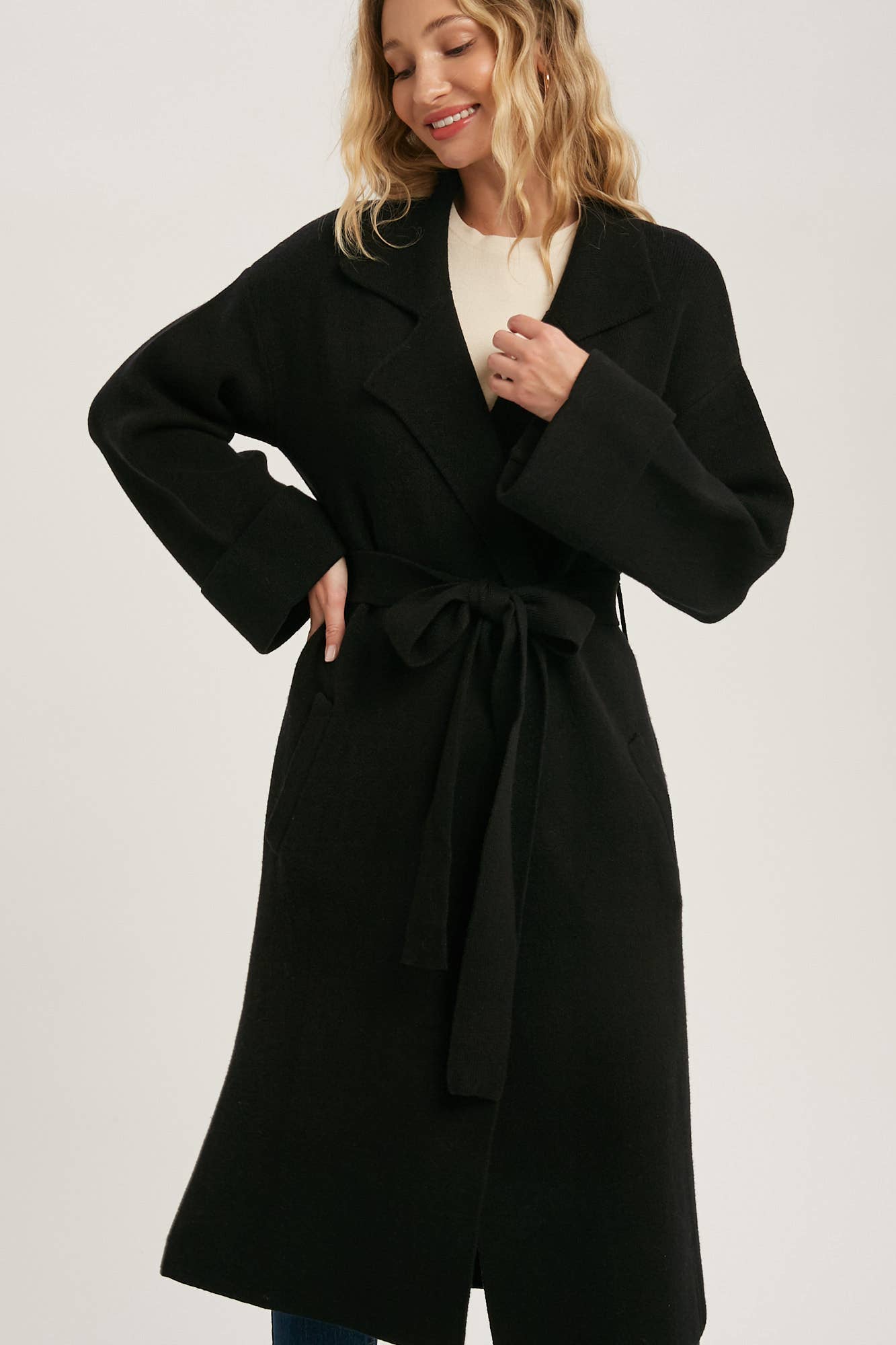 Leah Long Sleeve Heavy Knit Trench Coat - Black