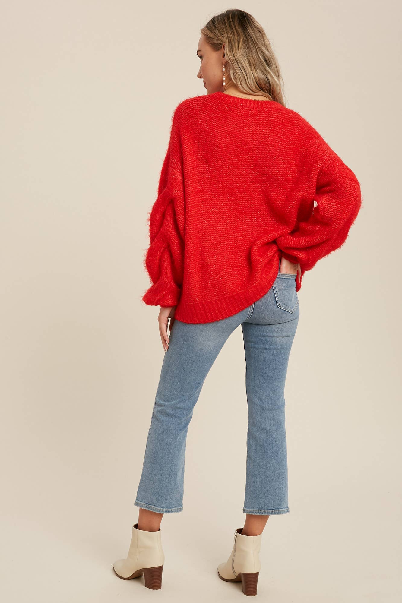 Mel Oversized Cable Knit Long Sleeve Sweater Pullover - Red