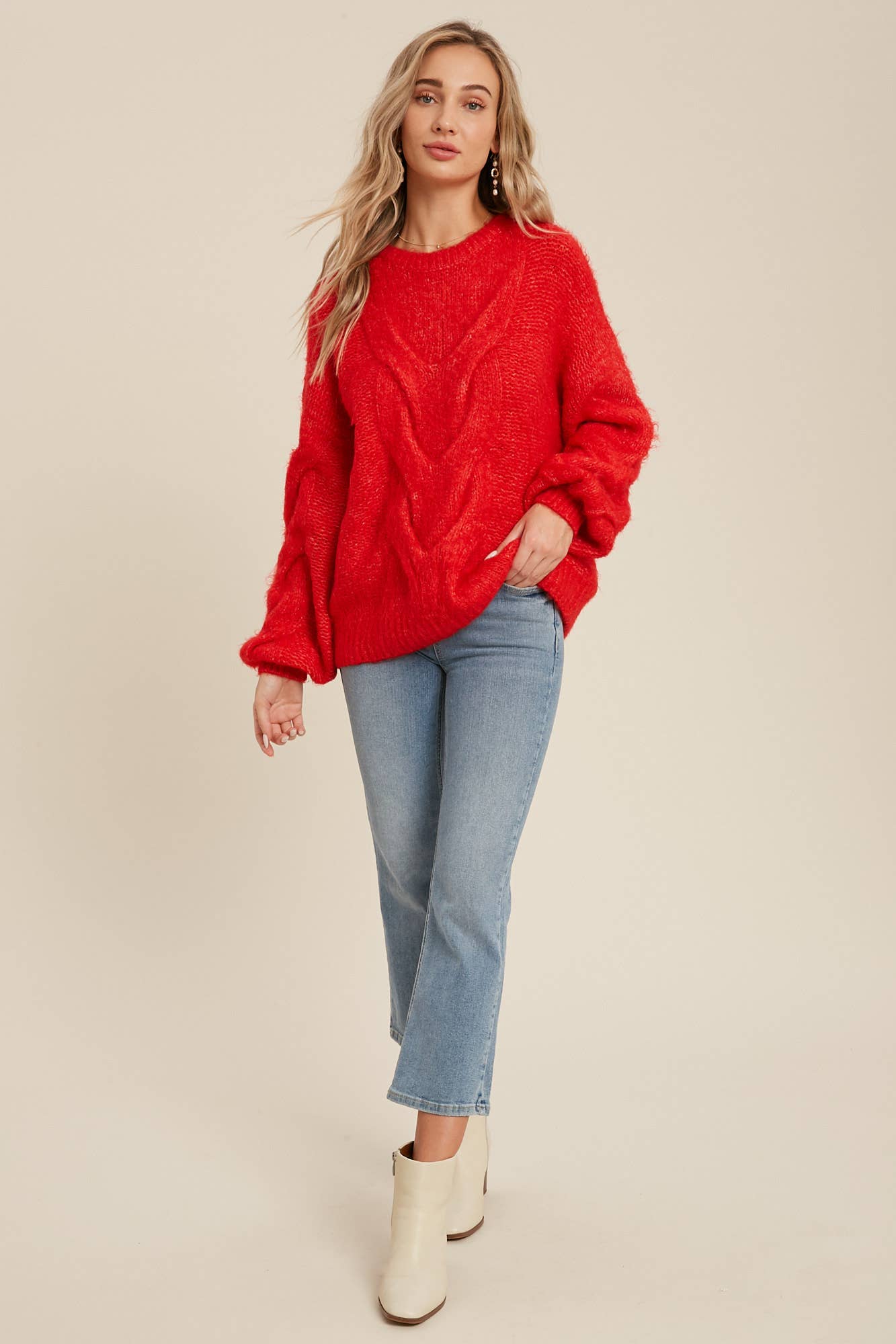 Mel Oversized Cable Knit Long Sleeve Sweater Pullover - Red