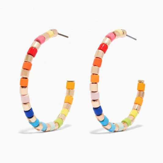 Rainbow & Gold Beaded Hoop Earrings