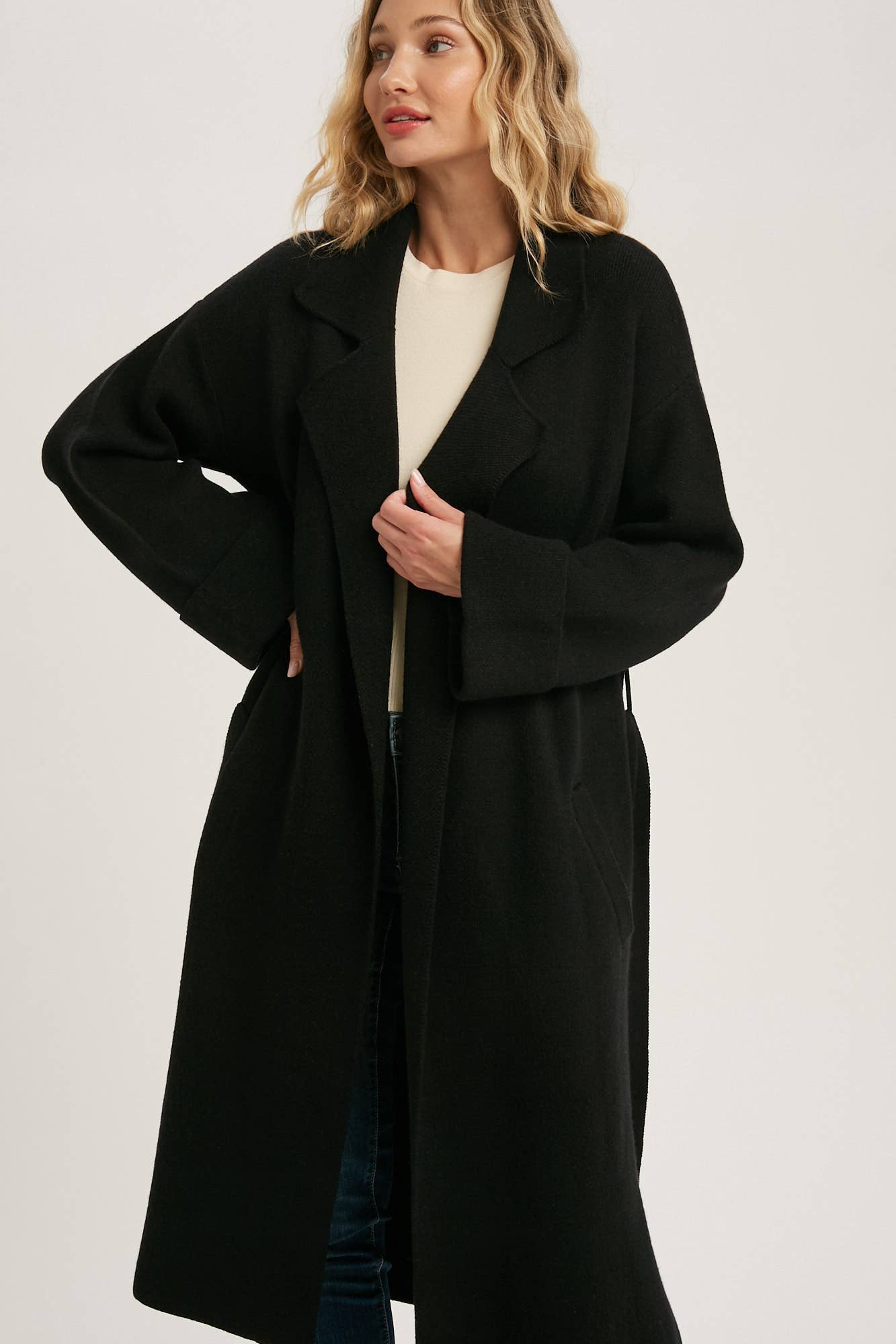 Leah Long Sleeve Heavy Knit Trench Coat - Black